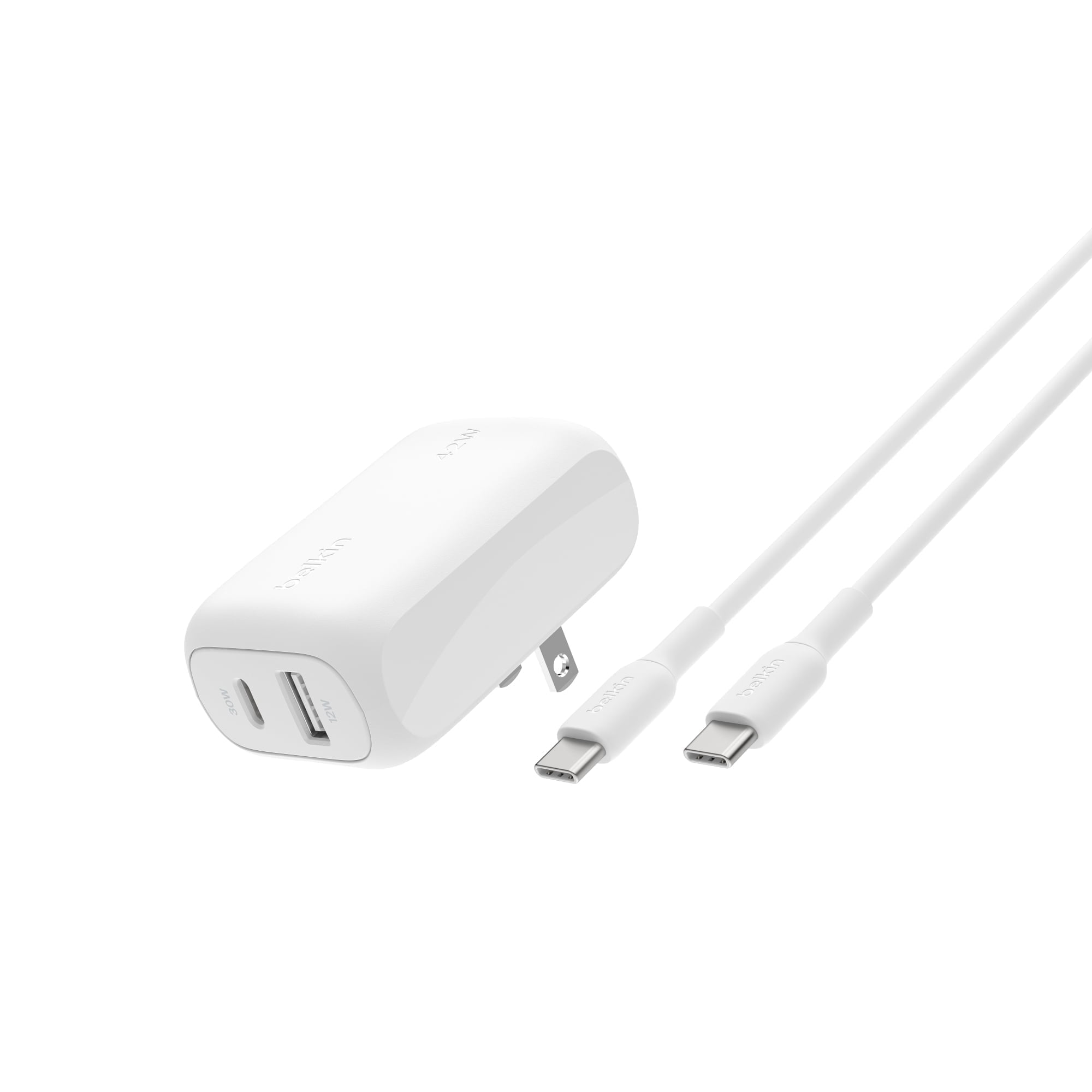 Belkin BoostCharge 42W Dual Port Wall Charger, USB-C + USB-A Charger Fast Charging for iPhone 16, 15, & 14, Galaxy S25, iPad, AirPods, Nintendo Switch 2 & More - C to C Cable Included - White