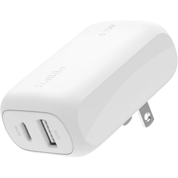Belkin 42W Dual Port Wall Charger, USB-C + USB-A Charger - Fast Charging for iPhone 16, 15, 14, 13, Pro, Pro Max, Plus, iPad, MacBook, Galaxy S25 Ultra, Pixel, Nintendo Switch 2 & More - White