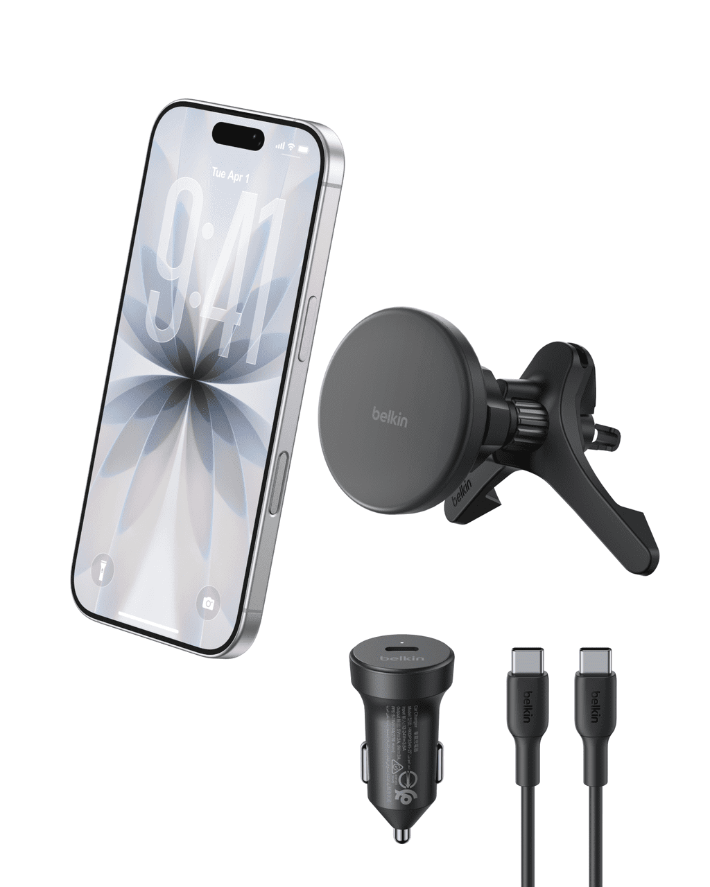 Belkin Wireless Car Charger, Magnetic Car Vent Mount w/ 1M USB C Cable, Qi2 MagSafe Compatible Fast Charging iPhone Charger for iPhone 17, Galaxy S25, Pixel 10, & More - Travel Accessories - Black