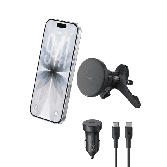 Belkin Wireless Car Charger, Magnetic Car Vent Mount w/ 1M USB C Cable, Qi2 MagSafe Compatible Fast Charging iPhone Charger for iPhone 17, Galaxy S25, Pixel 10, & More - Travel Accessories - Black