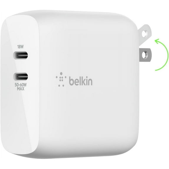 Belkin BoostCharge Dual Port USB-C 68W GaN Wall Charger - Fast Charging - Type C - USB-C PD Charge for Apple iPhone 16, Samsung Galaxy S25, AirPods, iPad, Macbook Pro, Nintendo Switch 2