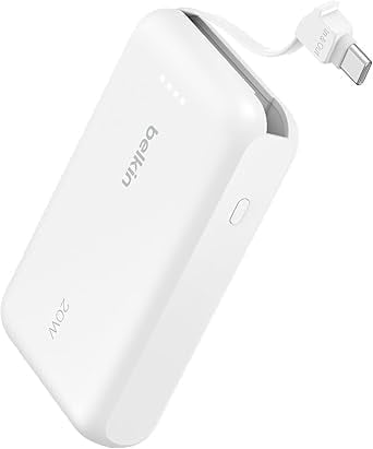 Belkin Power Bank, Portable Power Bank with Integrated Cable 10K PD 20W - Fast Charge USB-C Power Delivery, Portable iPhone Charger for iPhone 16 Series, iPad Pro, Galaxy S25, and More - White