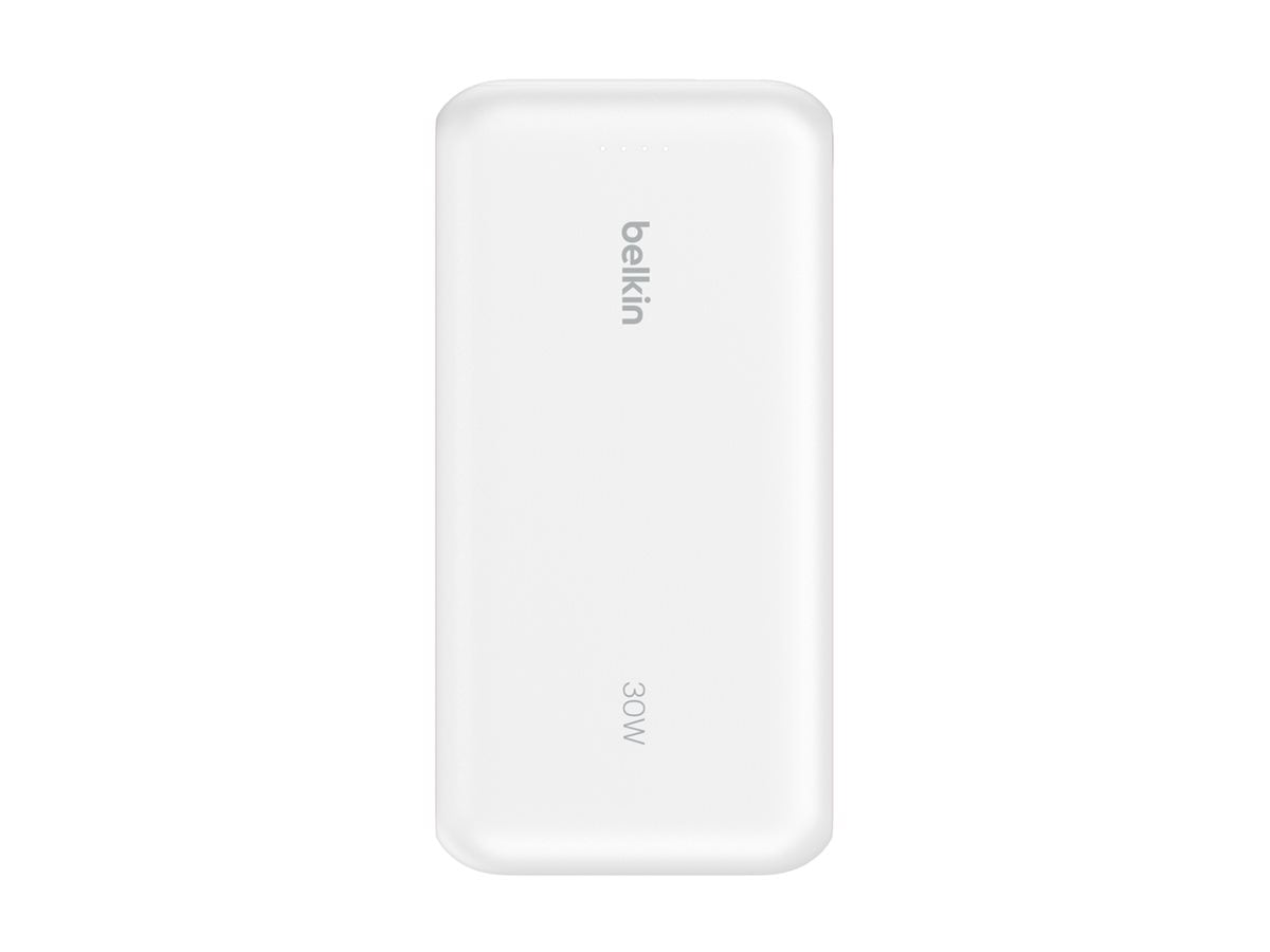 Belkin BoostCharge - Power bank - with integrated cable - 20000 mAh - 30 Watt - Fast Charge, PD - 3 output connectors (24 pin USB-C, USB Type A) - white