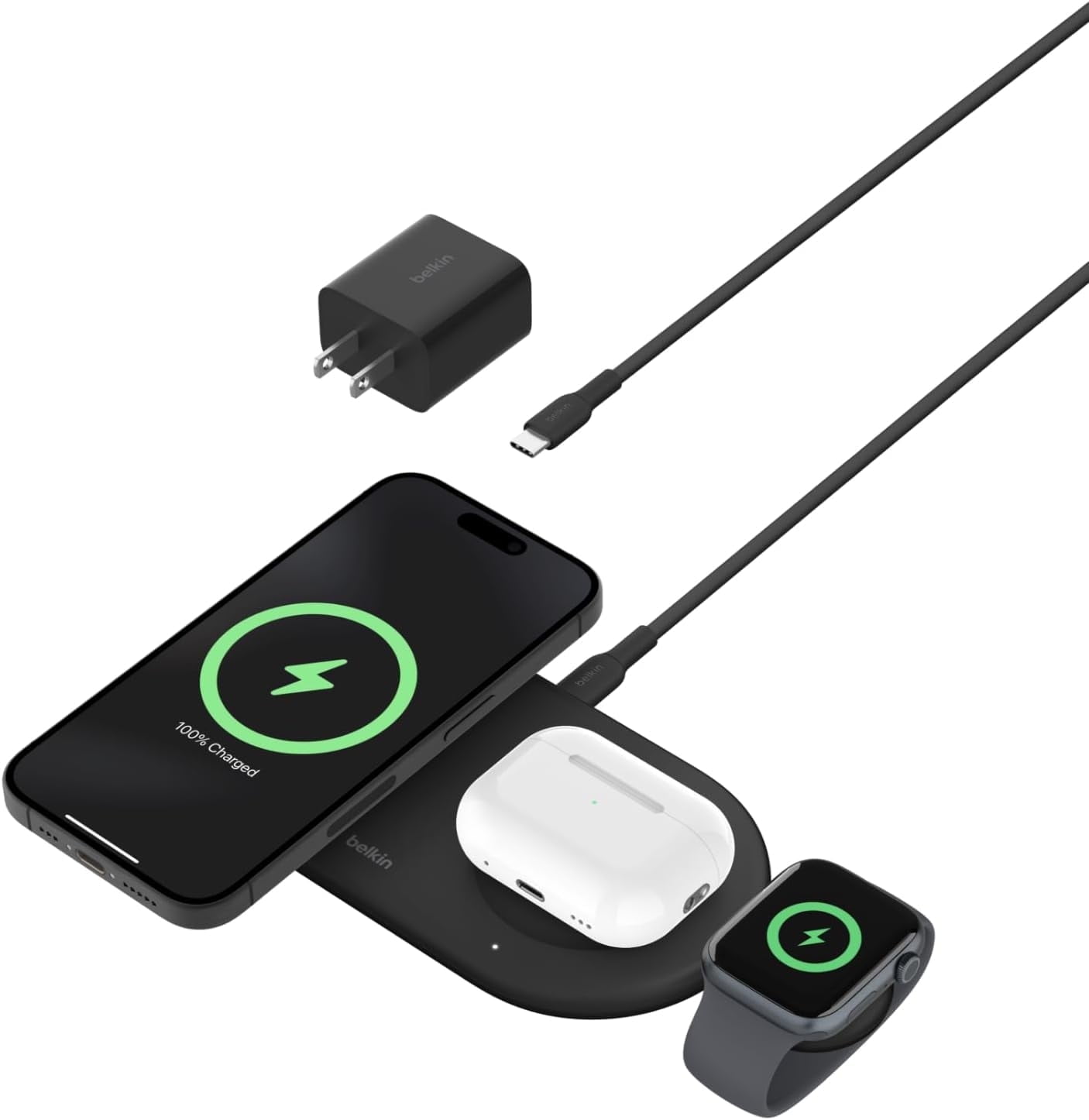 Belkin BoostCharge Pro 3-in-1 MagSafe-Compatible Wireless Charging Pad with Qi2 15W, Fast Charging iPhone Charger, Compatible with iPhone 15, 14, and 13 Series, AirPods, Apple Watch, & More - Black