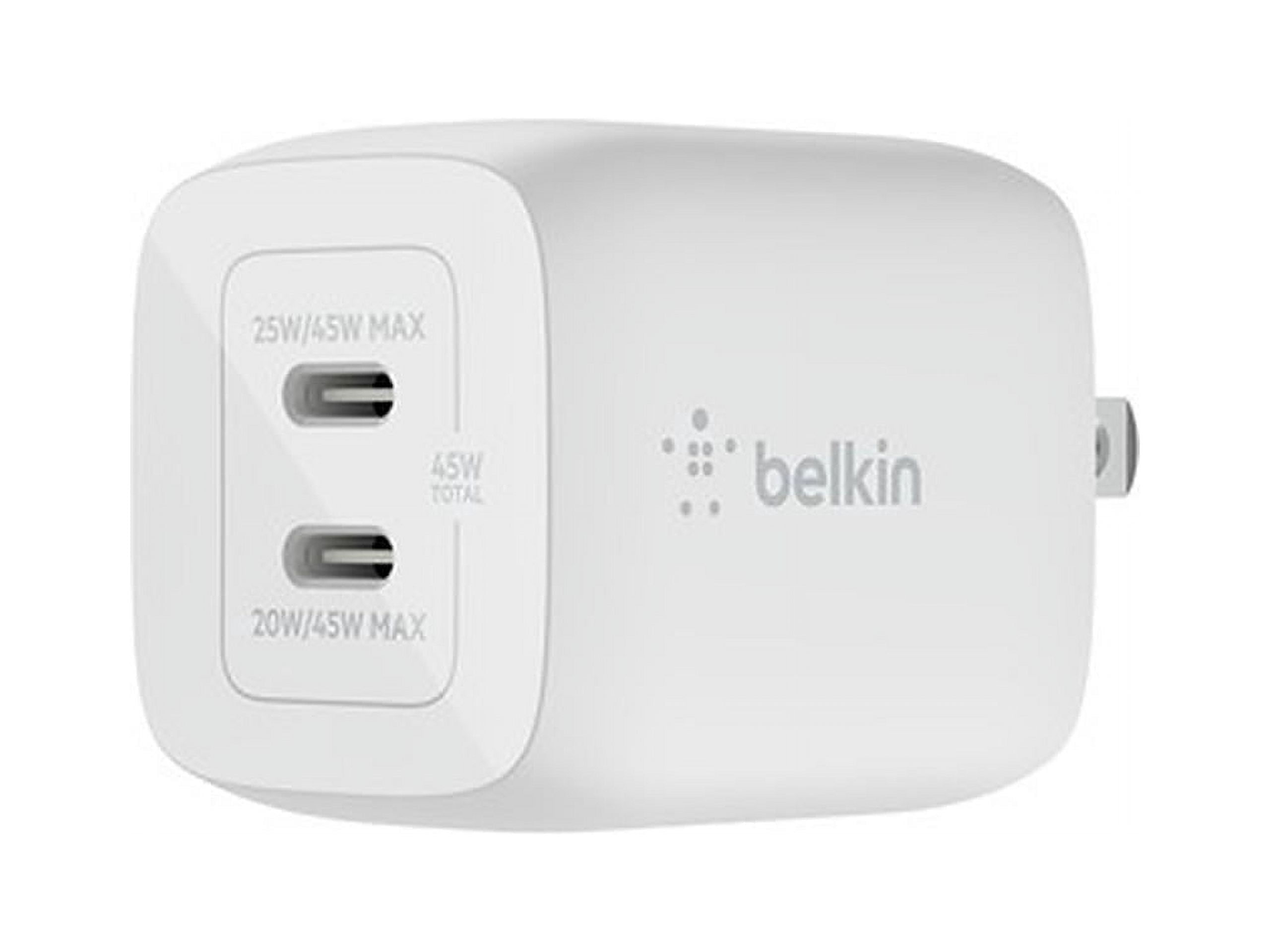 Belkin BoostCharge Pro 45W Dual Port GaN Wall Charger, Multi-Port 2X USB-C PD 3.0 Fast Charging for MacBook, iPhone, iPad, Galaxy, Google Pixel, Nintendo Switch 2 & More + C to C Cable - White