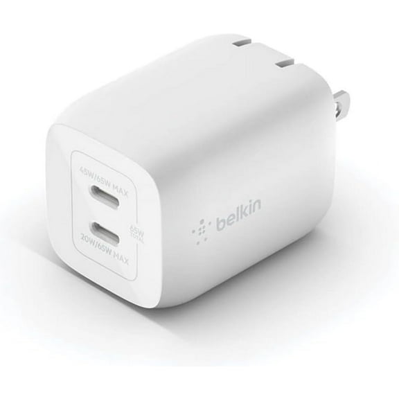 Belkin 65W Dual USB-C Wall Charger, Fast Charging Power Delivery 3.0 w/ GaN Technology for iPhone 16, 15, 14, 13, Pro, Pro Max, iPad, MacBook, Galaxy S25 Ultra, Nintendo Switch 2 & More - White
