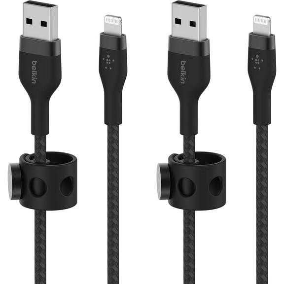 Belkin BoostCharge Pro Flex Braided USB Type A to Lightning Cable (1M/3.3FT), MFi Certified Charging Cable for iPhone 13, 12, 11, Pro, Max, Mini, SE, iPad and More, 2-Pack, Black