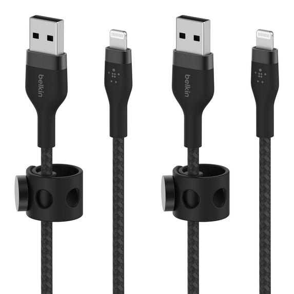 Belkin BoostCharge Pro Flex Braided USB Type A to Lightning Cable 2M/6.6FT, MFi Certified Charging Cable for iPhone 13, 12, 11, Pro, Max, Mini, SE, iPad and More, 2-Pack, Black