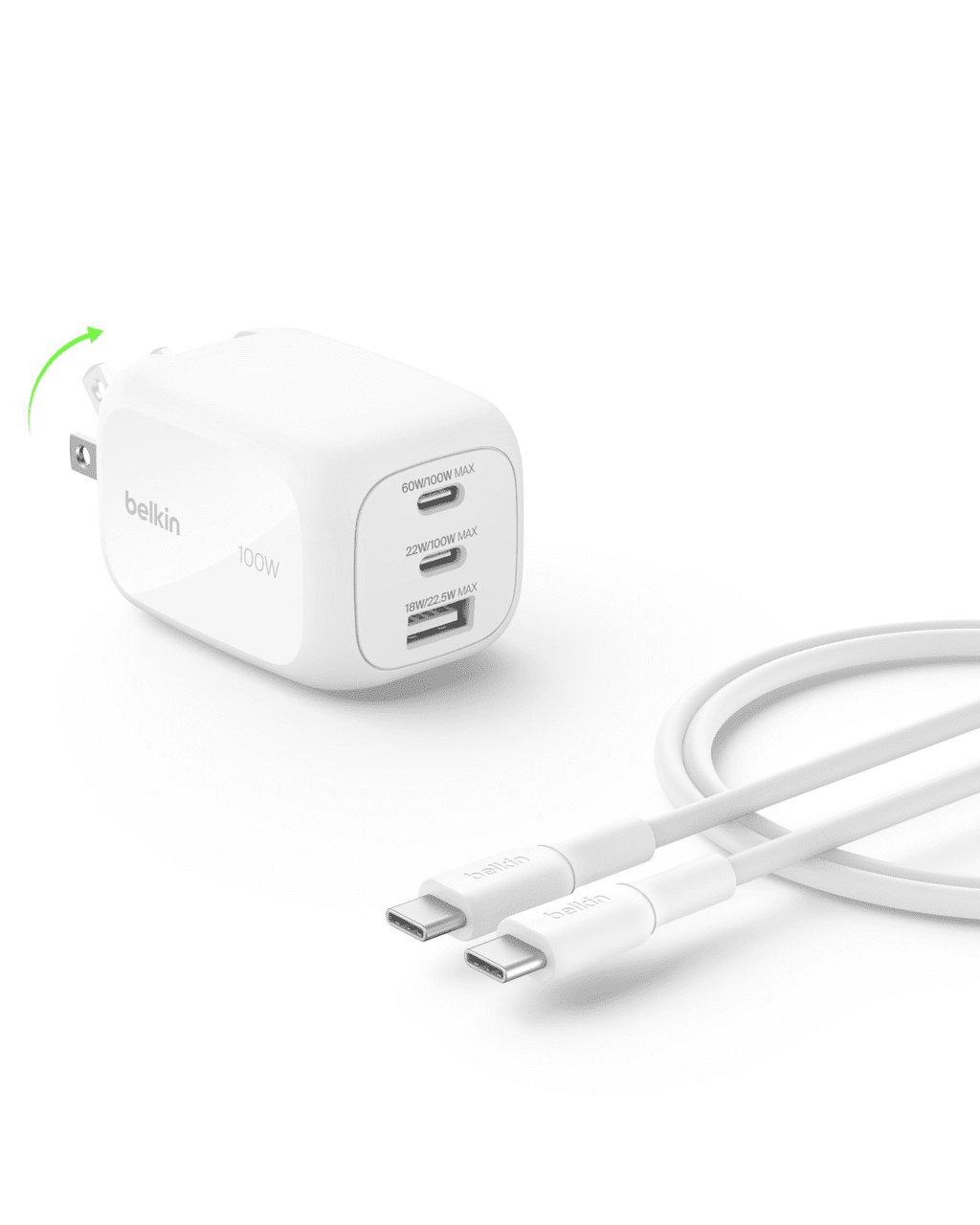 Belkin 3-Port USB C Charger Block 100W, Multi-Port GaN Wall Charger w/ 2x USB C Ports & 1x USB-A Port, Fast Charging for MacBook, iPhone 16, iPad Pro, Samsung Galaxy S25, Google Pixel, & More - White