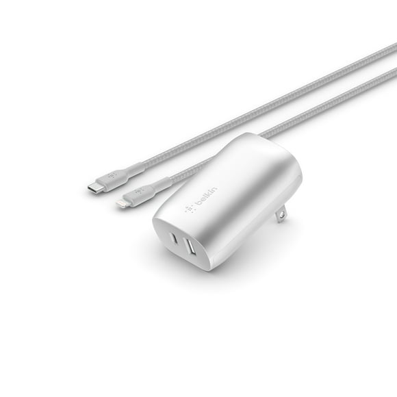 Belkin Boostcharge 37W PPS Dual Wall Charger, 5 ft USB-C to Lightning Cable, Apple Made For iPhone Certified - Silver