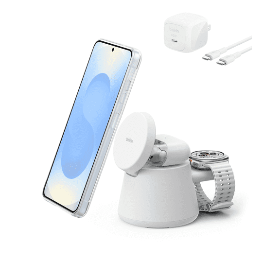 Belkin 3-in-1 Wireless Charging Station w/ USB C for Smartwatch - Qi2.2 Magnetic Charger 25W Dock Samsung Galaxy S26, Galaxy Watch, Pixel 10, Google Pixel Watch, Apple Watch, 45W Adapter