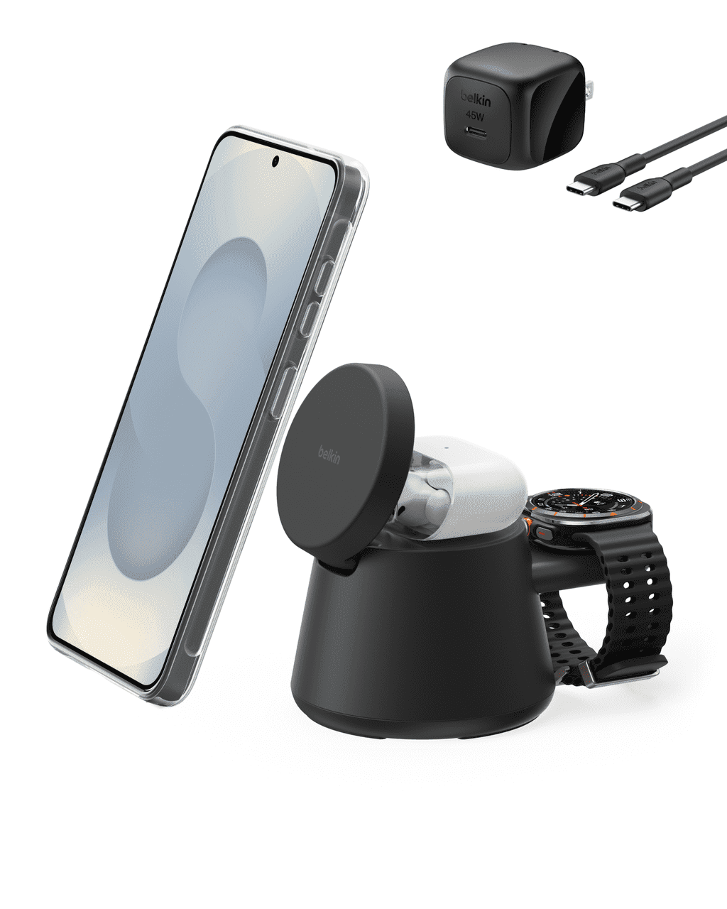 Belkin 3-in-1 Wireless Charging Station w/ USB C for Smartwatch Qi2.2 Magnetic Charger 25W Dock for Samsung Galaxy S26, Galaxy Watch, Pixel 10, Google Pixel Watch, Apple Watch, 45W Adapter