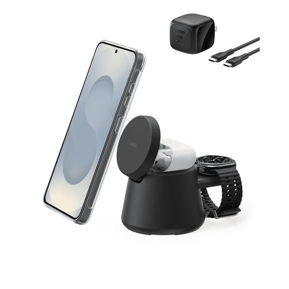Belkin 3-in-1 Wireless Charging Station w/ USB C for Smartwatch Qi2.2 Magnetic Charger 25W Dock for Samsung Galaxy S26, Galaxy Watch, Pixel 10, Google Pixel Watch, Apple Watch, 45W Adapter