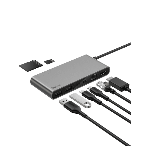 Belkin Connect 8-Port USB C Hub, Supports Display w/Resolutions up to 4K@60Hz - Works with Mac, Windows, and Chromebook - 100W PD w/ 10Gbps Data Transfer Speeds & 2.5Gbps Ethernet - Space Gray