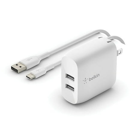Belkin - 24W Dual Port USB Wall Charger with USB C Cable - Fast Charging for iPhone, Galaxy , Pixel & More - White
