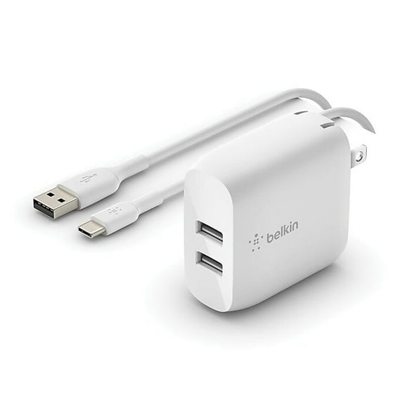 Belkin Dual USB-A Wall Charger (24W) + USB-A to USB-C Cable - White