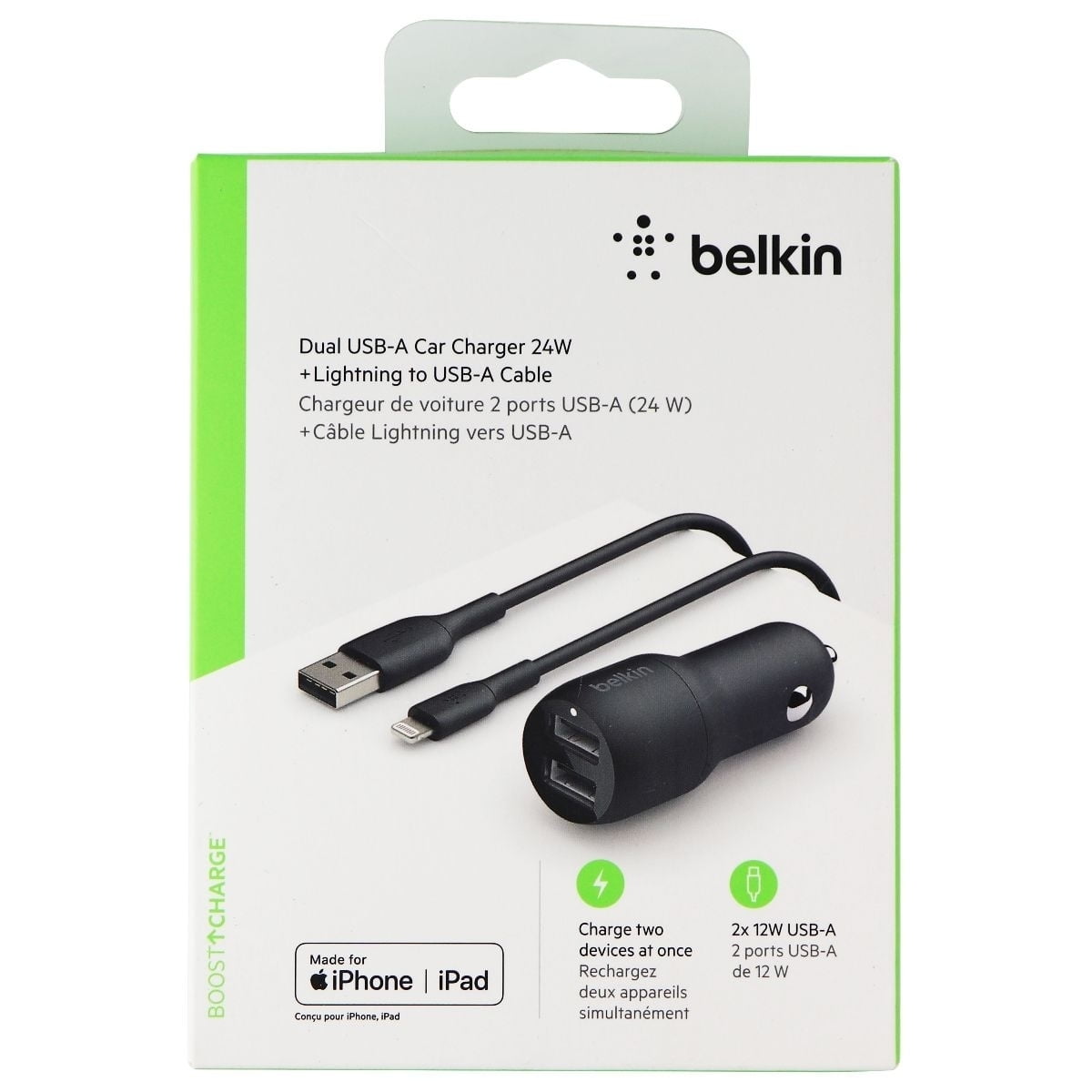 Belkin Dual USB Car Charger 24W + 8Pin to USB Cable (3.3ft) Black