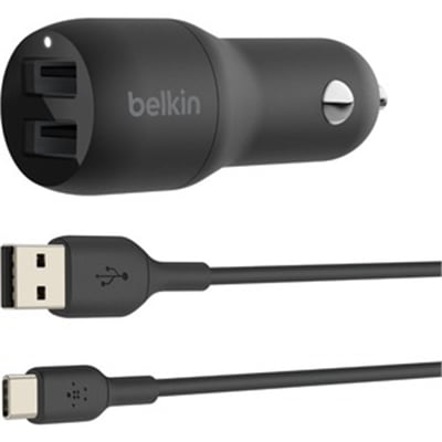 Belkin 24-Watt, Dual USB Car Charger With USB-A To USB-C Cable, Black