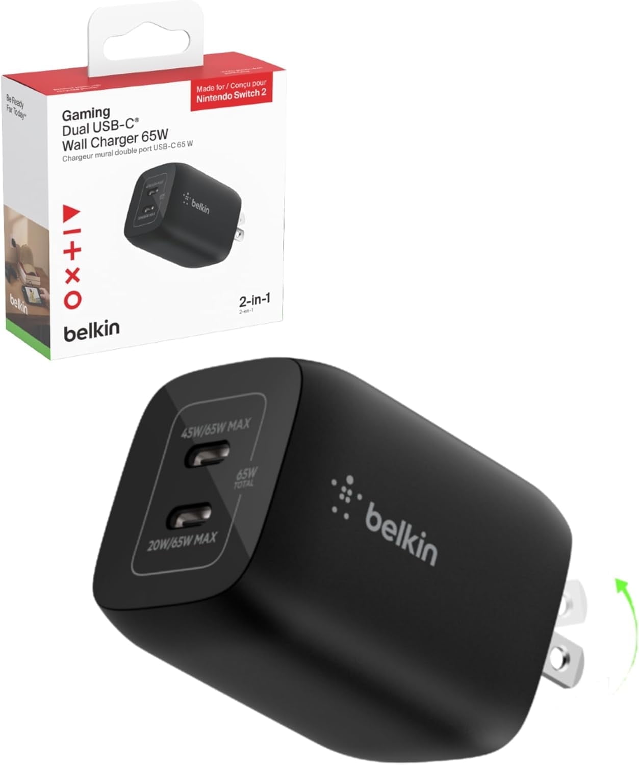 Belkin Gaming Dual USB C Charger Block for Nintendo Switch 2 and Pro Controller w/ 65W GaN Fast Charging, Compatible with Apple iPhone, iPad, MacBook, Samsung Galaxy, Google Pixel & More - Black