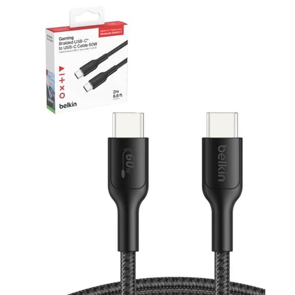 Belkin Gaming USB C to USB C Cable 60W (6.6ft), Braided Type C Charger Fast Charging for Nintendo Switch 2, iPhone 16, iPhone 15, iPad, MacBook Air, Chromebook, Samsung Galaxy S25 Ultra, etc. - Black