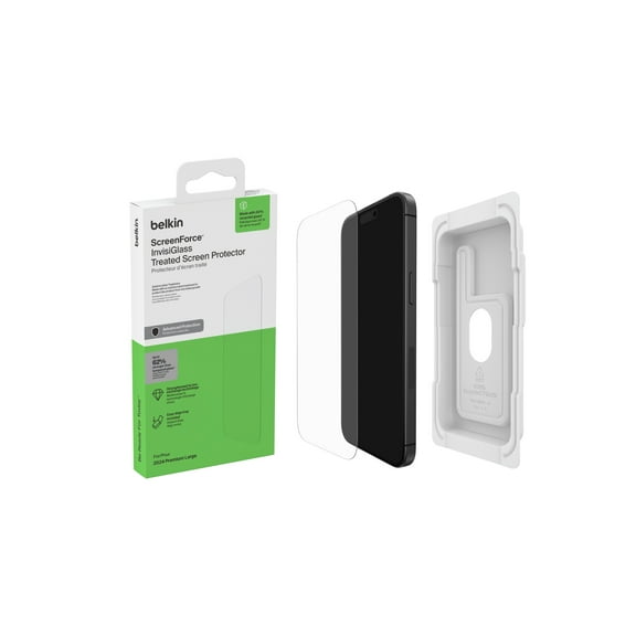 Belkin ScreenForce InvisiGlass Treated Screen Protector for iPhone 16 Pro Max, Scratch-Resistant Impact Protection w/ Included Easy Align Tray for Bubble Free Application - Made with Recycled Glass 