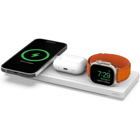 Belkin MagSafe 3-in-1 Wireless Charging Pad - Fast Wireless Charging for Apple Watch, iPhone 15, 14, 13 & 12 Series, & AirPods - Charging Station for Multiple Devices - White