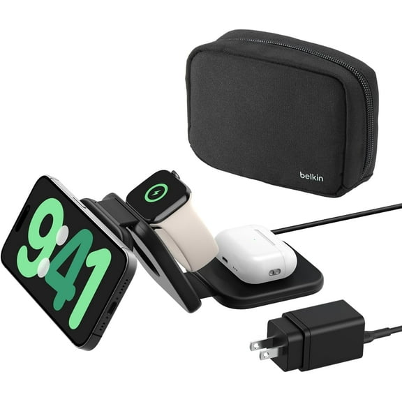 Belkin MagSafe Charger Compatible 3-in-1 Magnetic Charging Travel Pad 15W-BoostCharge Pro Foldable Qi2-Certified Wireless Charger, MagSafe-Compatible Charger for iPhone, Apple Watch, AirPods