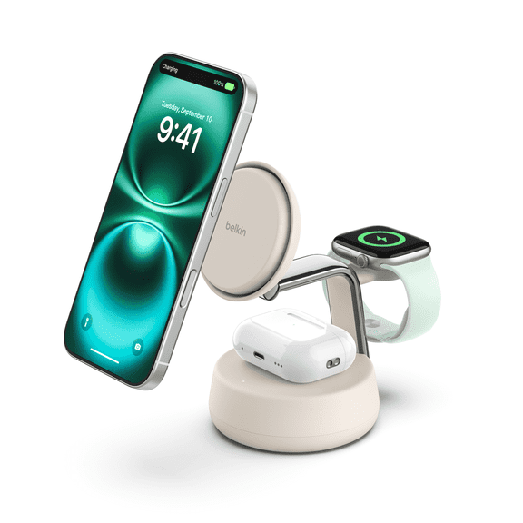 Belkin MagSafe Charger Compatible, 3-in-1 Qi2 Wireless Charging Dock 25W, Adjustable Wireless Charger for iPhone 16, Apple Watch, AirPods, Desktop Phone Stand w/ 45W Adapter - Sand
