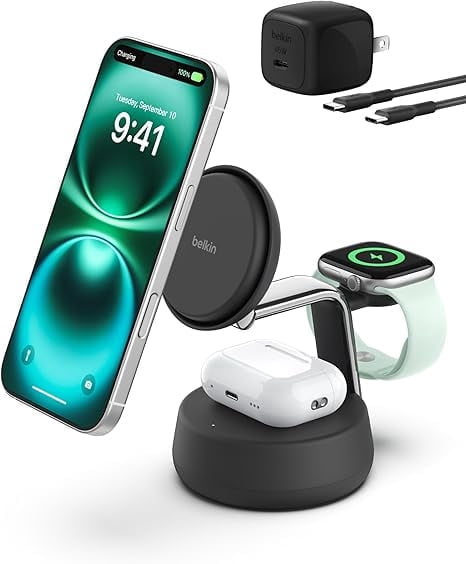 Belkin MagSafe Charger Compatible, 3-in-1 Qi2 Wireless Charging Dock 25W, Adjustable Wireless Charger for iPhone 17, Apple Watch, AirPods, Desktop Phone Stand w/ 45W Adapter - Charcoal