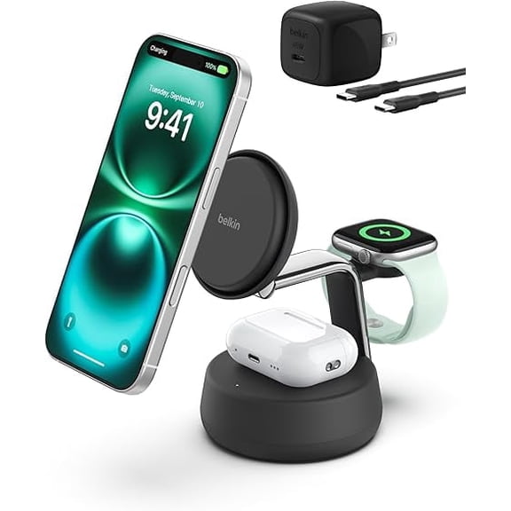 Belkin MagSafe Charger Compatible, 3-in-1 Qi2 Wireless Charging Dock 25W, Adjustable Wireless Charger for iPhone 17, Apple Watch, AirPods, Desktop Phone Stand w/ 45W Adapter - Charcoal