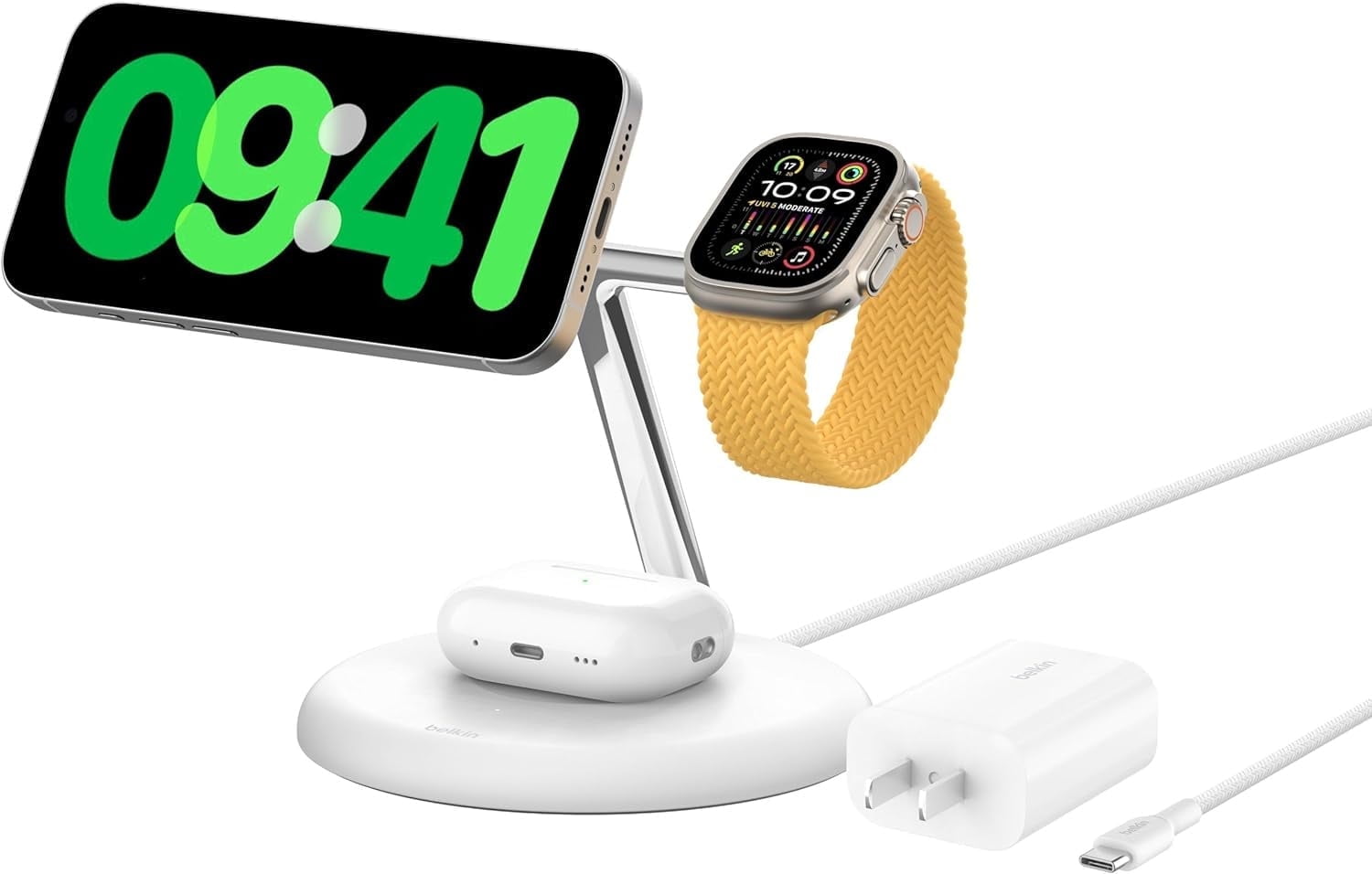 Open Box Belkin MagSafe Charger Compatible 3-in-1 Wireless Charging Stand 15W - Qi2-Certified Wireless Charger, Fast Charging iPhone Charger for iPhone 16, AirPods, Apple Watch, & More (PSU Included) - White