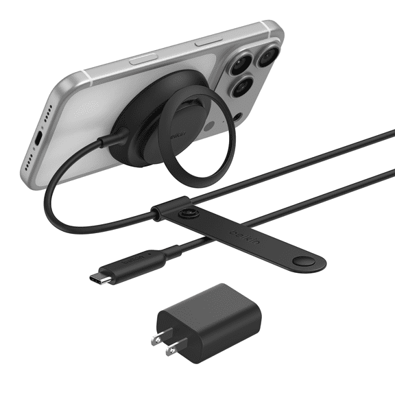 Belkin MagSafe Charger Compatible, Magnetic iPhone Charger w/ Qi2 25W, Fast Wireless Charging Pad w/ Passive Cooling, Kickstand for iPhone 17 Series, Pixel 10, AirPods Pro, Travel - Adapter Included