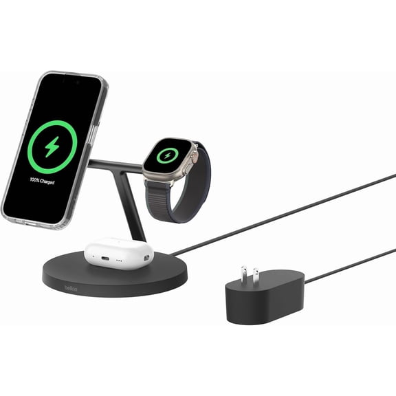Belkin MagSafe-Compatible Charger, 3-in-1 Wireless Charging Station, Qi2-Certified 15W Wireless Charger for Apple iPhone 16 Series, Apple Watch, AirPods w/ Non-Slip Base, 40W Charger Included - Black