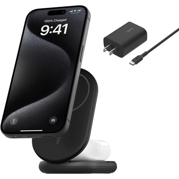 Belkin MagSafe-Compatible iPhone Charger, 2-in-1 Magnetic Foldable Charger 15W - Qi2-Certified Wireless Charger for Apple iPhone 16, iPhone 15 w/Non-Slip Base, PSU Included - Black