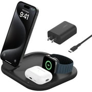 Belkin MagSafe-Compatible iPhone Charger - 3-in-1 Magnetic Foldable Charger 15W - Qi2-Certified Wireless Charging Station for iPhone 16, Apple Watch, AirPods w/Non-Slip Base, PSU Included - Black