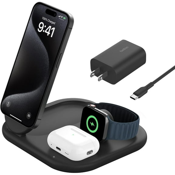 Belkin MagSafe-Compatible iPhone Charger - 3-in-1 Magnetic Foldable Charger 15W - Qi2-Certified Wireless Charging Station for iPhone 16, Apple Watch, AirPods w/Non-Slip Base, PSU Included - Black