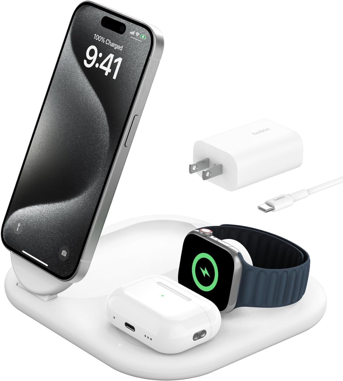Belkin MagSafe-Compatible iPhone Charger - 3-in-1 Magnetic Foldable Charger 15W - Qi2-Certified Wireless Charging Station for iPhone 16, Apple Watch, AirPods w/Non-Slip Base, PSU Included - White
