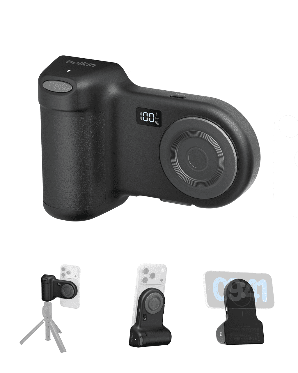 Belkin Magnetic Wireless Charging Camera Grip 9300mAh, Power Bank w/ Retractable USB C Cable, Bluetooth Connection, Tripod Attachment, LCD Screen, Ergonomic, Portable Charger for iPhone & Smartphones