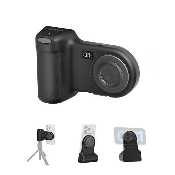 Belkin Magnetic Wireless Charging Camera Grip 9300mAh, Power Bank w/ Retractable USB C Cable, Bluetooth Connection, Tripod Attachment, LCD Screen, Ergonomic, Portable Charger for iPhone & Smartphones