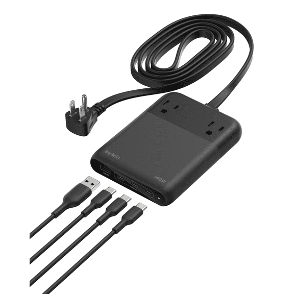 Belkin 2-Outlet GaN Charging Station 140W, USB C Charger w/ 2X AC Outlets, 3X USB C Ports, and 1x USB A Port - Power Strip for iPhone, Apple Watch, iPad, MacBook, Chromebook, Galaxy, Pixel, & More