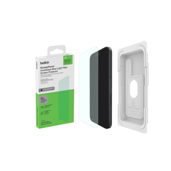 Belkin ScreenForce InvisiGlass Blue Light Filter Screen Protector for iPhone 16 Plus, iPhone 15 Plus, & iPhone 14 Pro Max Scratch-Resistant Impact Protection w/ Included Easy Align Tray