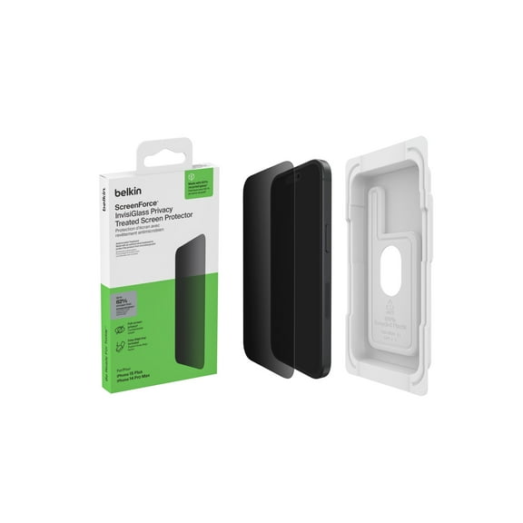Belkin ScreenForce InvisiGlass Privacy Screen Protector for iPhone 16 Plus, iPhone 15 Plus, & iPhone 14 Pro Max Scratch-Resistant Impact Protection w/ Included Easy Align Tray