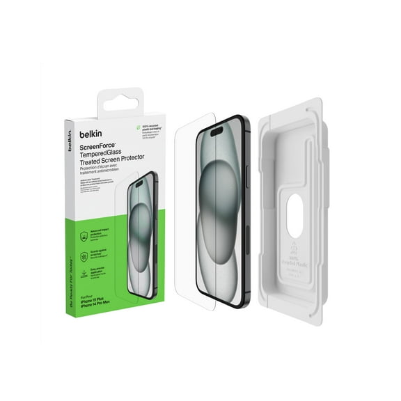 Belkin ScreenForce TemperedGlass Treated Screen Protector for iPhone 16 Plus, 15 Plus, & 14 Pro Max - Scratch-Resistant w/ - Includes Easy Align Frame for Bubble Free Application
