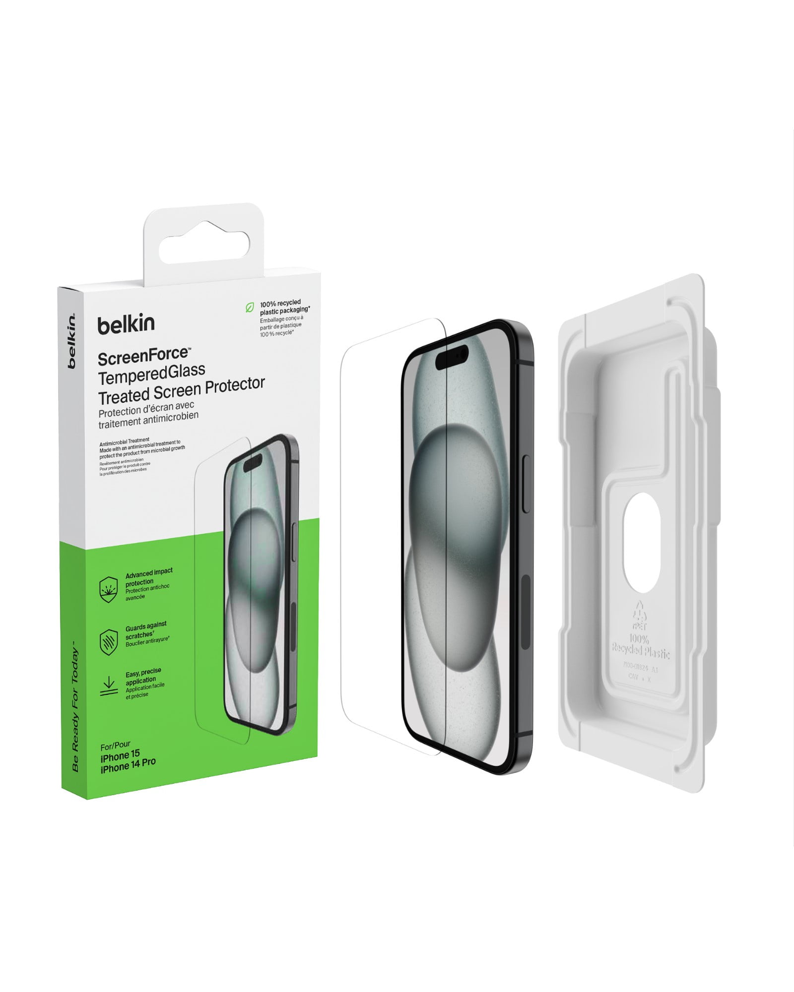 Belkin ScreenForce TemperedGlass Treated Screen Protector for iPhone 16, iPhone 15, & iPhone 14 Pro - Scratch-Resistant w/ - Includes Easy Align Frame for Bubble Free Application