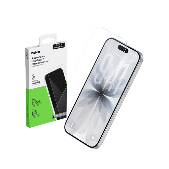 Belkin ScreenForce TemperedGlass Screen Protector for iPhone Air, Scratch-Resistant Impact Protection w/Included Easy Align Tray for Bubble Free Application, Recycled Glass
