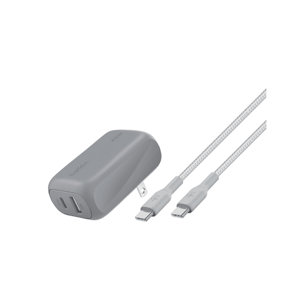 Belkin BoostCharge 42W Dual Port Wall Charger – USB-C + USB-A Fast Charging Adapter with USB-C to USB-C Cable for iPhone 16/15/14, Galaxy S25, iPad, AirPods, Nintendo Switch 2 & More – Gray