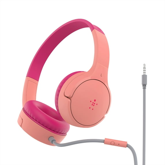 Belkin SoundForm Mini Kids Wired Headphones with Built-in Microphone & Fun Stickers, 85dB Safe Volume Limit – for Online Learning, Travel, Compatible w/iPhone 15, iPad, Galaxy S23, & More - Pink