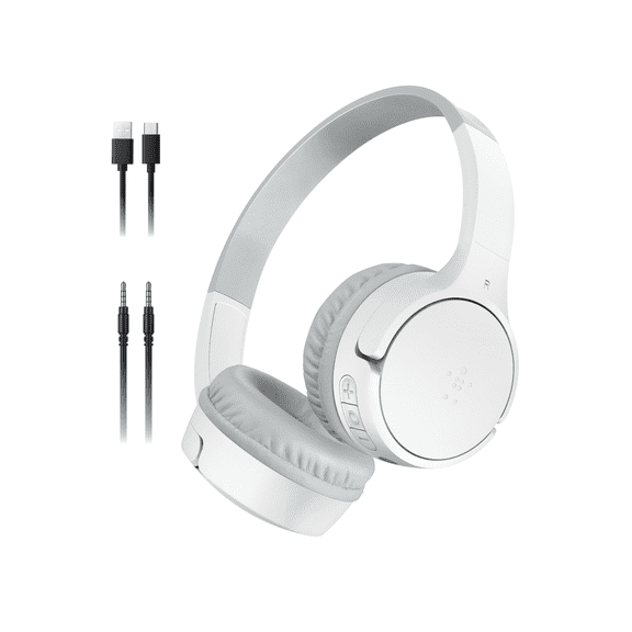Belkin SoundForm Mini Kids Wireless Headphones w/Built-in Microphone, 30H of Playback Time, Fun Stickers, & Case - Over-Ear Headsets for Online Learning, School, iPhone, iPad, Galaxy, & More - White