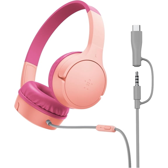 Belkin SoundForm Mini Kids Wired Headphones w/USB C to 3.5mm Dongle, Built-in Mic & Fun Stickers, 85dB Max Volume for Online Learning, Travel, Compatible w/iPhone 16, iPad, Galaxy S25, etc - Pink