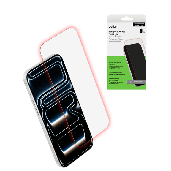 Belkin TemperedGlass Red Light Screen Protector for iPhone 18 Pro / 17 Pro, 5 ft. Impact Protection and Easy Align Installation